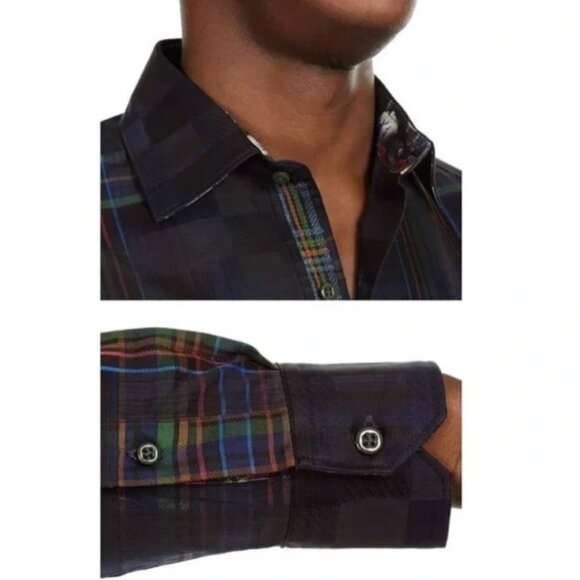New Robert Graham Men’s Buttons Up Classic Fit Plaid Flip Cuff Floral Rose Shirt - Picture 5 of 15